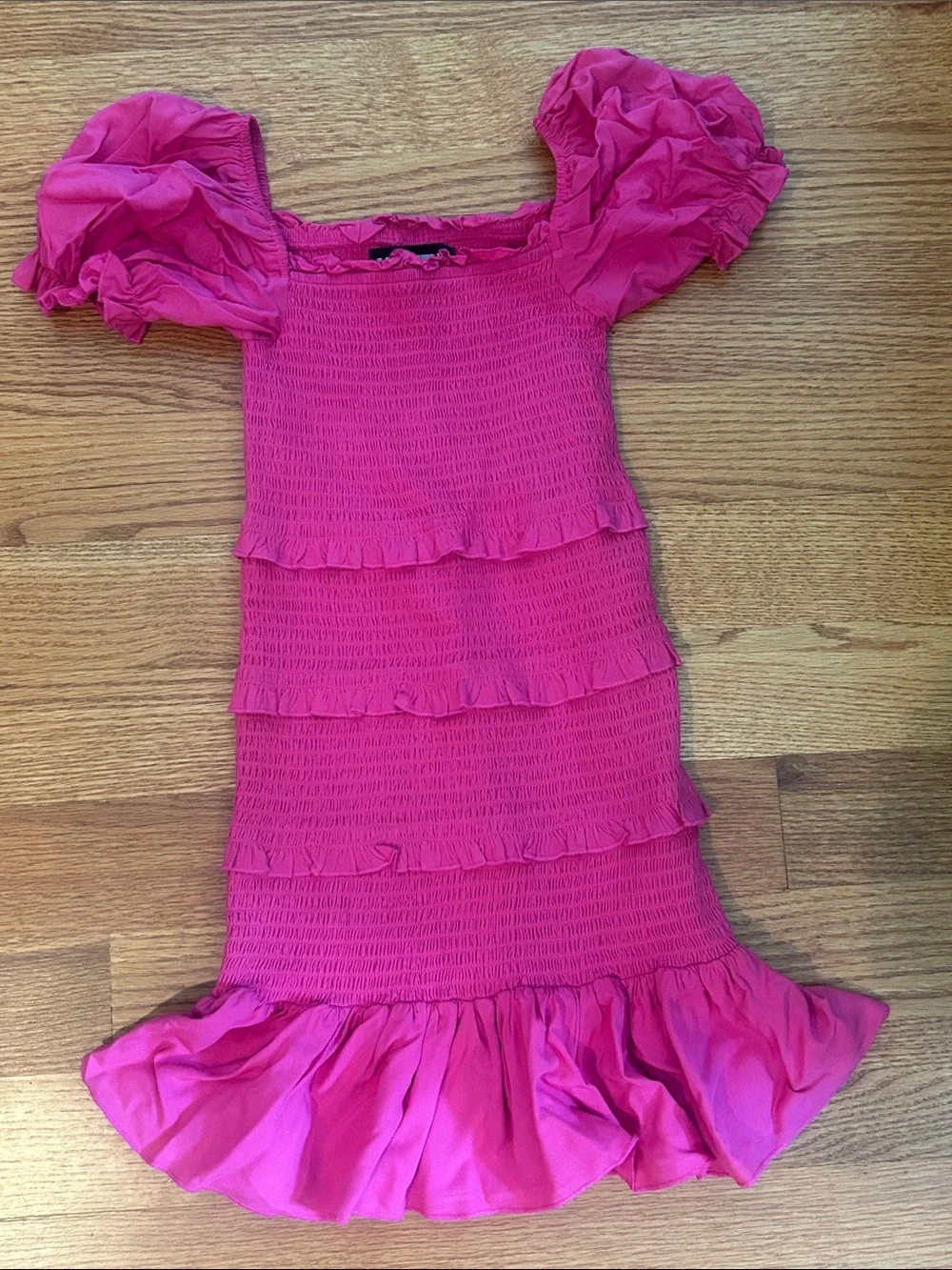 Katie J NYC Bright Pink Smocked Ruffle Dress with Puff Sleeves